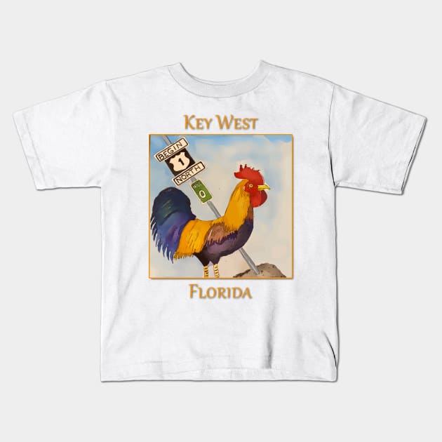 Key West Rooster add Mile Marker 0, Florida Kids T-Shirt by WelshDesigns